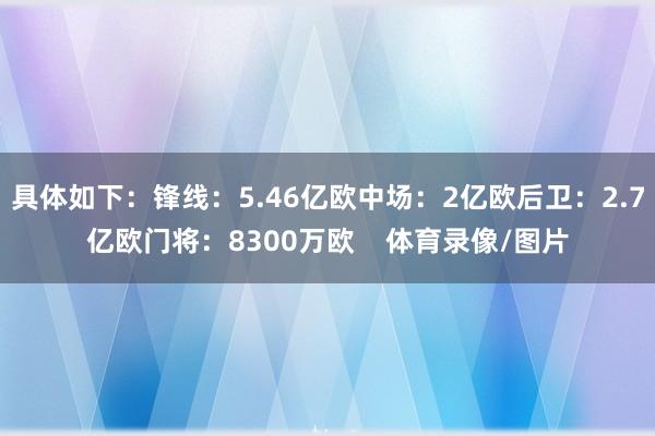 具体如下：锋线：5.46亿欧中场：2亿欧后卫：2.7亿欧门将：8300万欧    体育录像/图片
